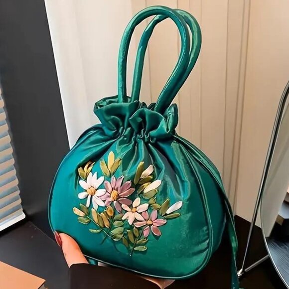 RIBBON EMBROIDERED SATIN DRAWSTRING BAG in Teal - Picture 1 of 2